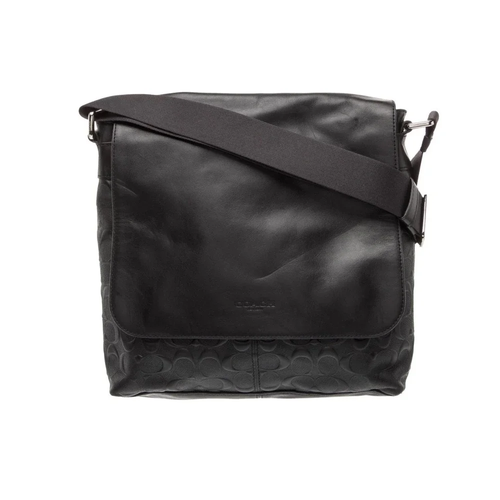 Coach Black Leather Messenger Bag Signature Embossed Crossbody Handbag